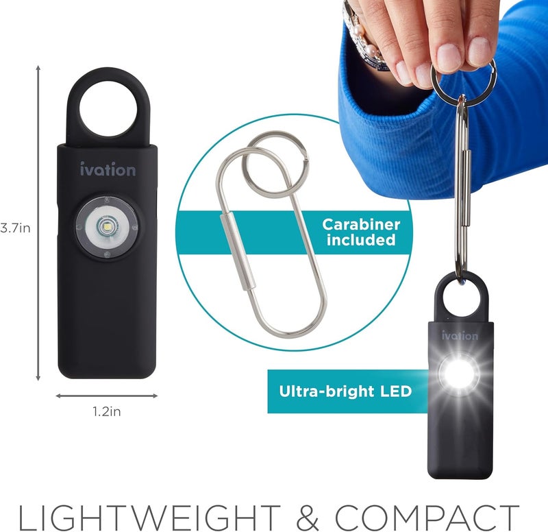 Ivation Personal Rechargeable SOS Alarm, Pocket Size Loud 130dB Sound Safety Siren & LED Panic Strobe Light with Carabiner Keychain Clip for Women, Children & Seniors, Black - Image 5